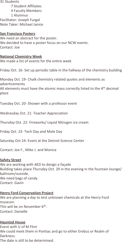 31 Students
	7 Student Affiliates
	4 Faculty Members
	1 Alumnus
Facilitator: Joseph Furgal
Note Taker: Michael Janice

San Francisco Posters
We need an abstract for the poster.
We decided to have a poster focus on our NCW events.
Contact: Joe

National Chemistry Week
We made a list of events for the entire week

Friday Oct. 16- Set up periodic table in the hallway of the chemistry building

Monday Oct. 19- Chalk chemistry related quotes and elements as advertisements
All elements must have the atomic mass correctly listed to the 4th decimal place 

Tuesday Oct. 20- Shower with a professor event

Wednesday Oct. 21- Teacher Appreciation

Thursday Oct. 22- Fireworks/ Liquid Nitrogen ice cream

Friday Oct. 23- Tech Day and Mole Day

Saturday Oct 24- Event at the Detroit Science Center

Contact: Joe F., Mike J. and Monica

Safety Street
We are working with AED to design a façade 
Building takes place Thursday Oct. 29 in the evening in the fountain lounge/ballroom/outside.
We need bags of candy.
Contact: Gavin

Henry Ford Conservation Project
We are planning a day to test unknown chemicals at the Henry Ford museum.
This will be on November 6th.
Contact: Danielle

Haunted House
Event with U of M Flint
We could meet them in Pontiac and go to either Erebus or Realm of Darkness.
The date is still to be determined.
